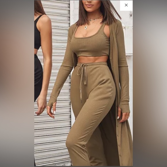 CULPOS x INC Jogger Cardigan 3 Piece Set - Olive Green Soft Ribbed Tracksuit - Picture 1 of 11